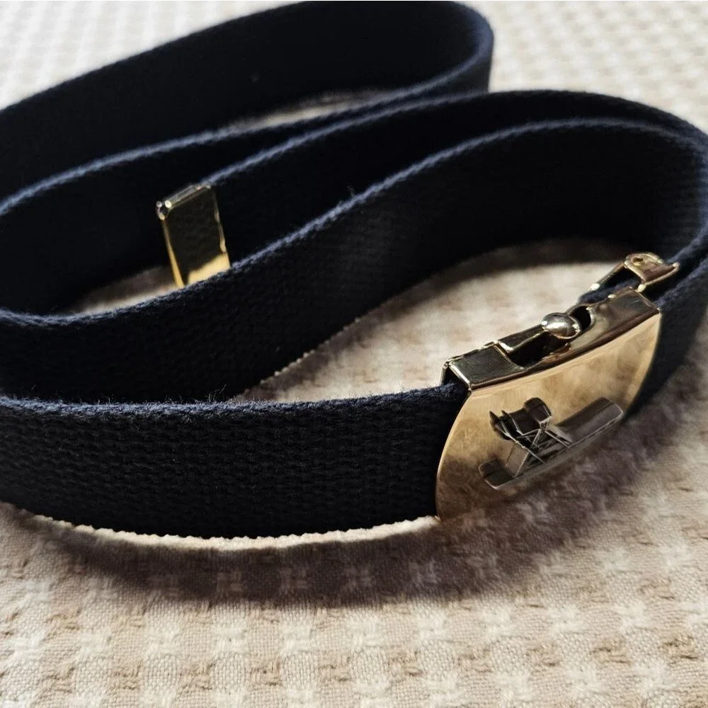Solid Brass Sport Fisherman Boat Buckle Navy Blue Web Cotton Adjustable Belt